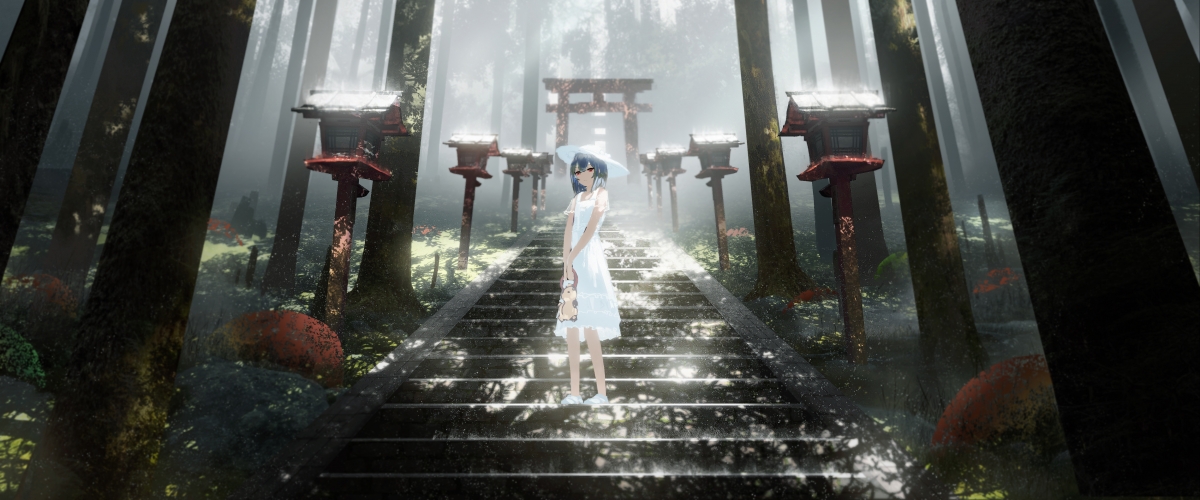 Summer forest scenery girl white