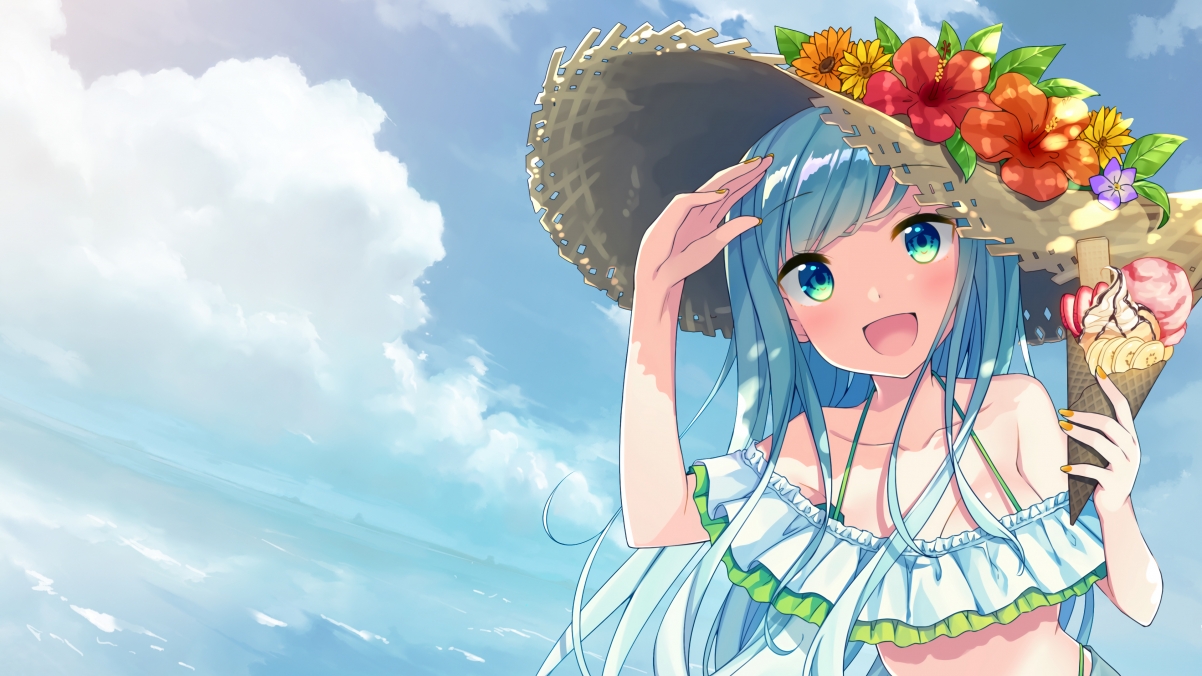 Summer, cute girl, hat, flowers