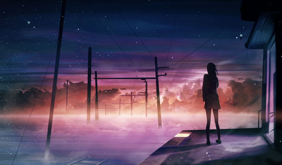 Sunset, telegraph pole, different world, starry sky