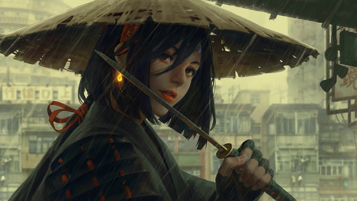 Samurai girl hat sword rainy day
