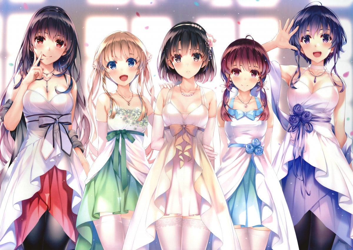 Five cute anime beauties in beautiful dresses