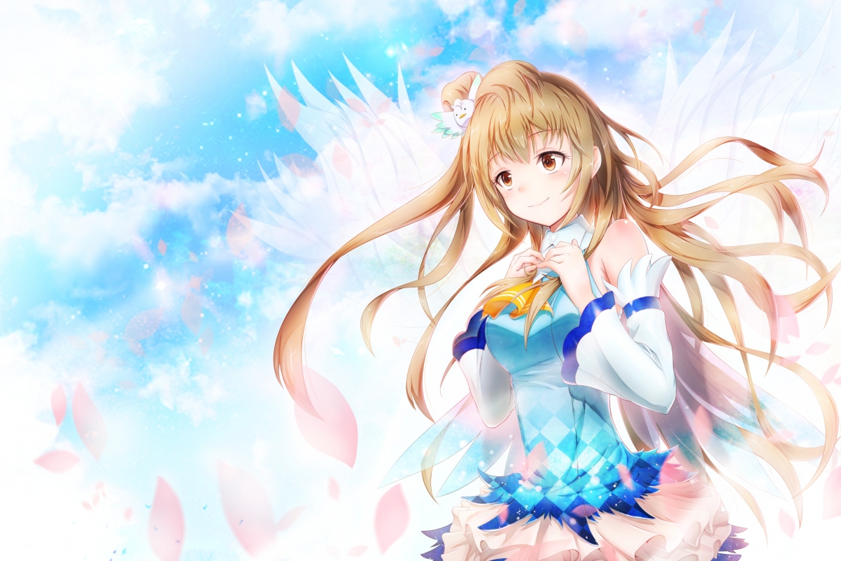 Smiling girl, angel wings,