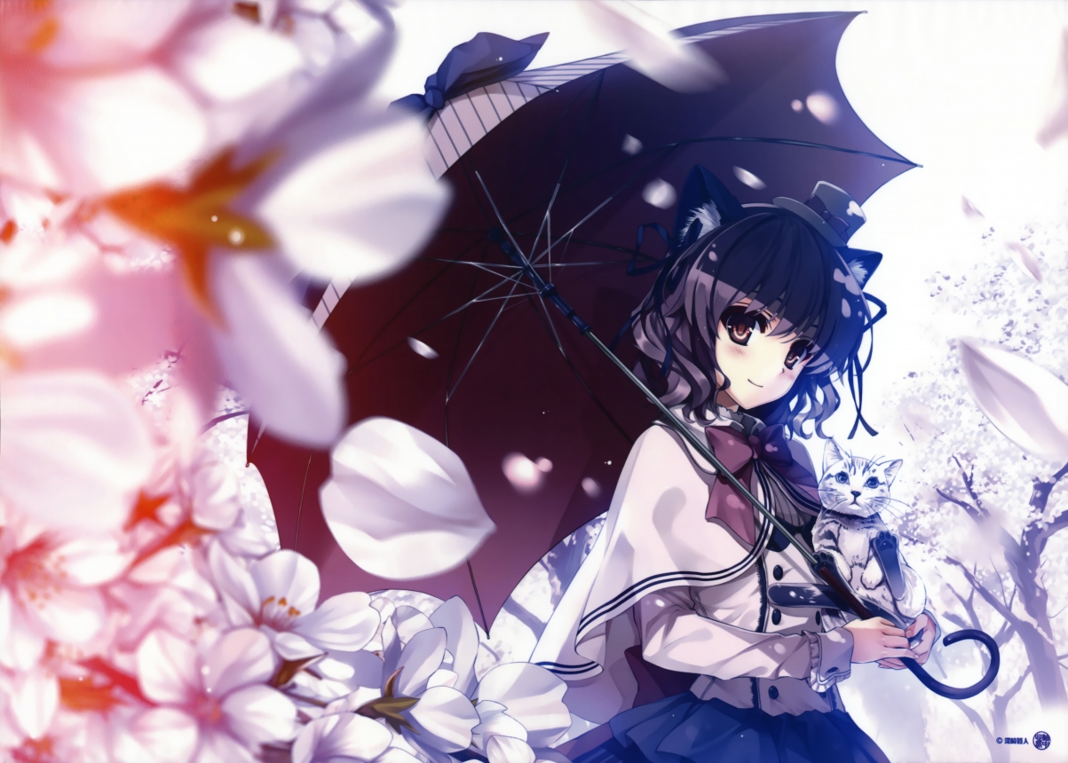 Smiling girl umbrella kitten flower