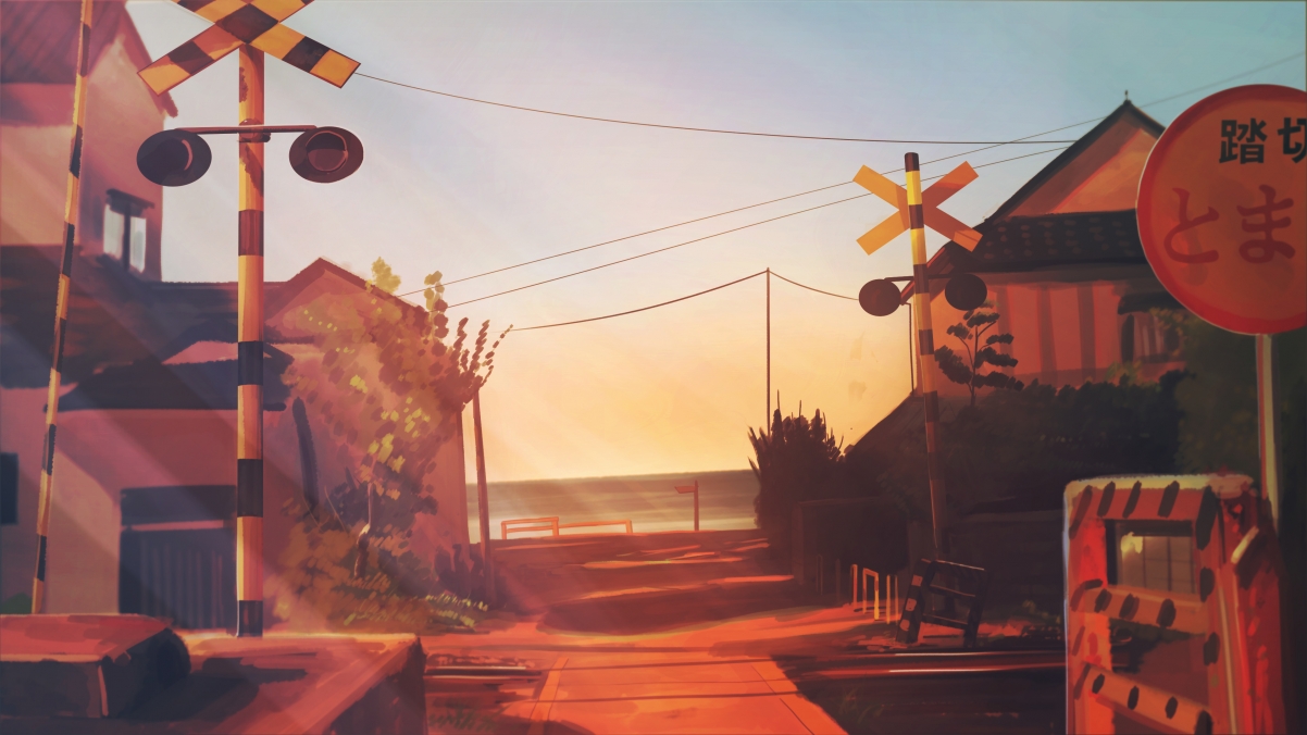 Sunset color of the crossing anime landscape 4k