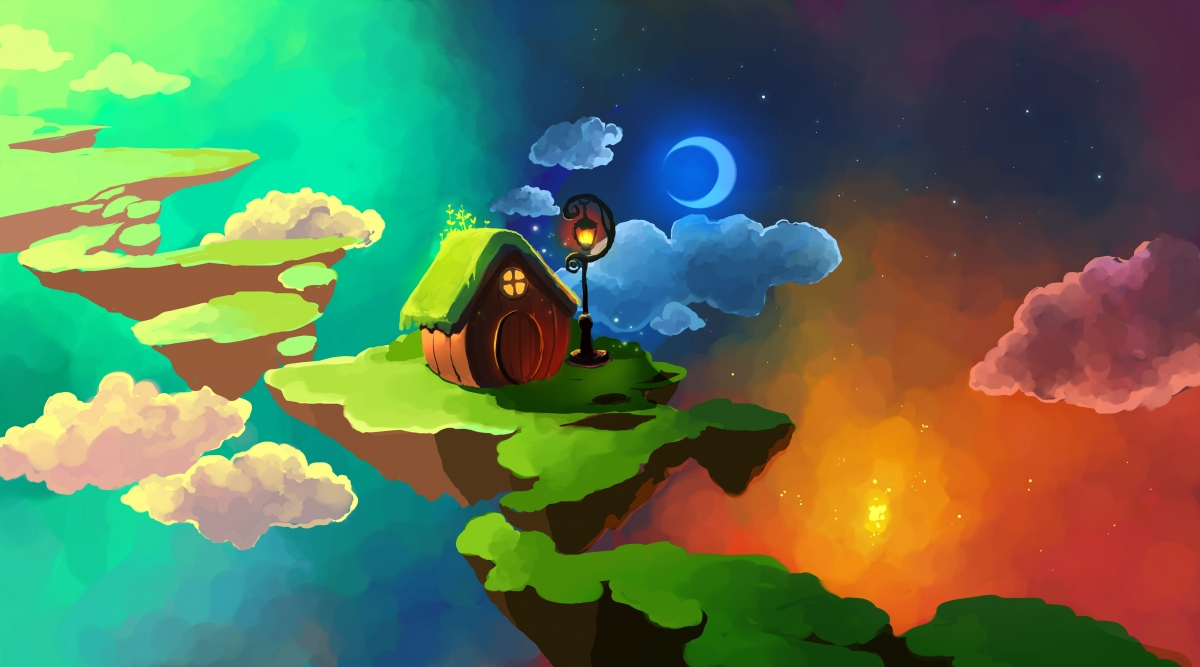 Night moon sky road hut