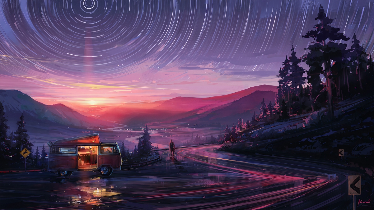 Night sky travel car mountain