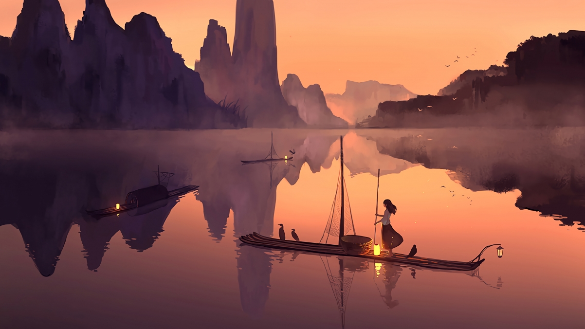 Girl bamboo raft fishing in the lake at night