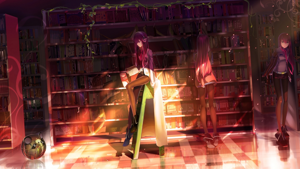 Red-haired girl reading in library
