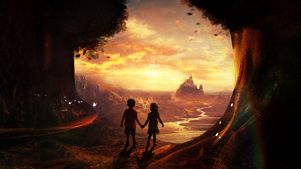 Fairy tale world, little girl and little boy