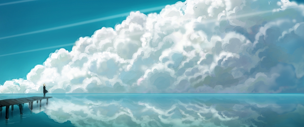 Clouds in the sky, sea, pier, girl