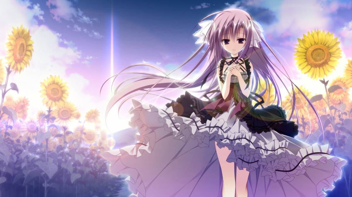Sky, sunflower, girl, 4K anime