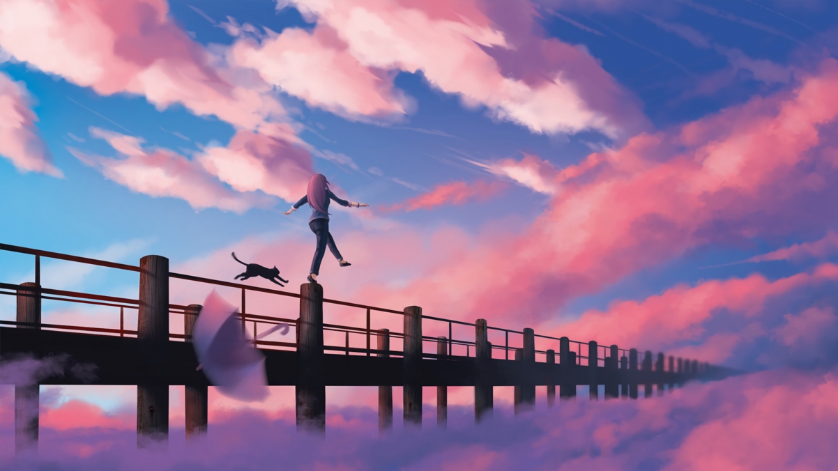 Sky Cloud Bridge Girl Cat 4k Action