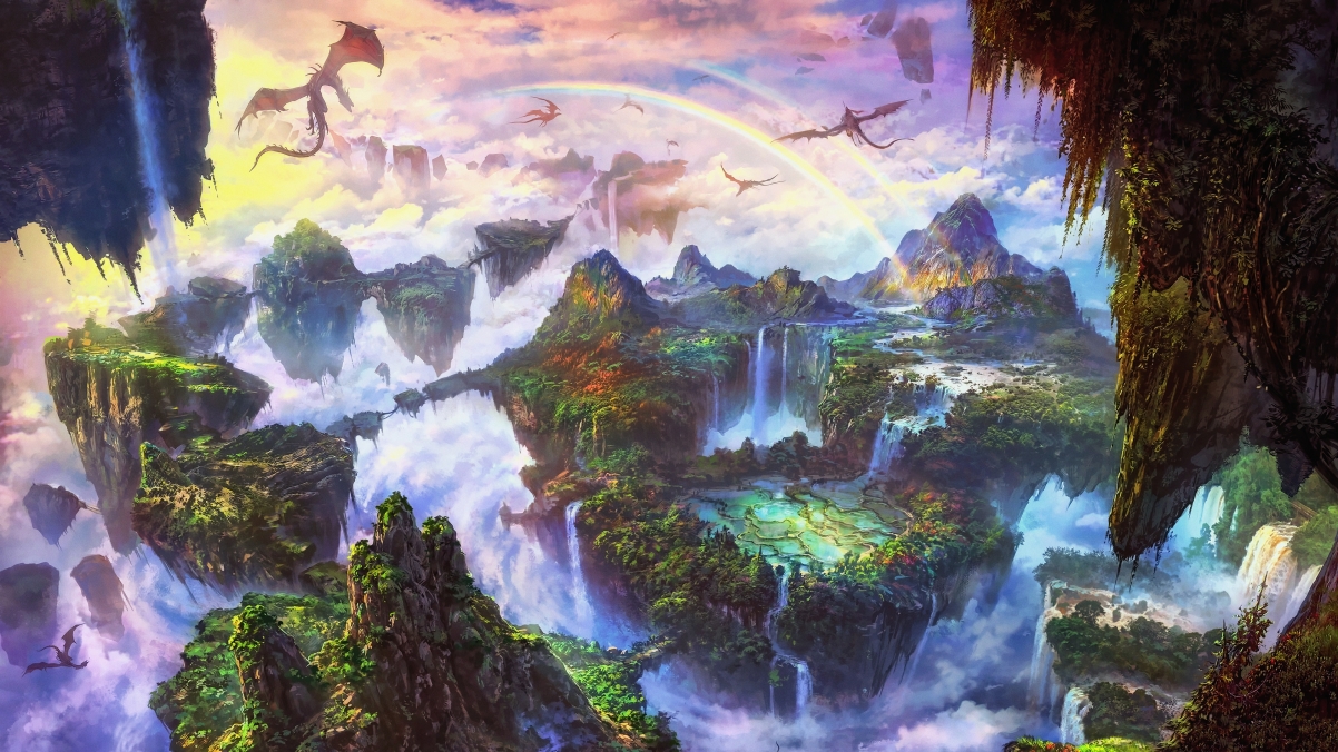 Sky, mountain, water, waterfall