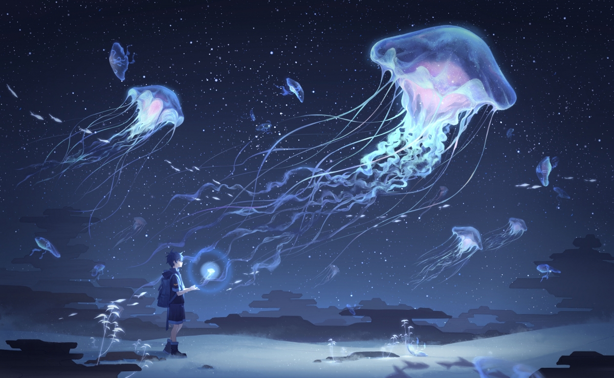 Jellyfish boy night sky cloud