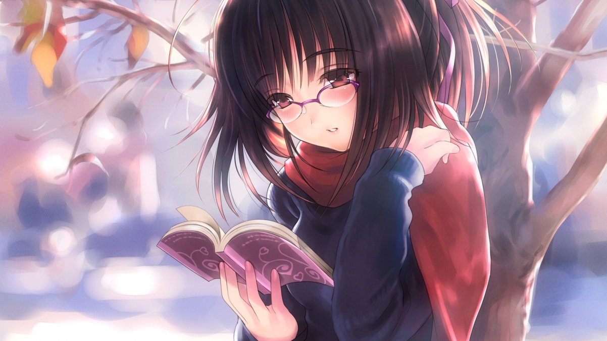 Quiet girl reading scarf under the tree
