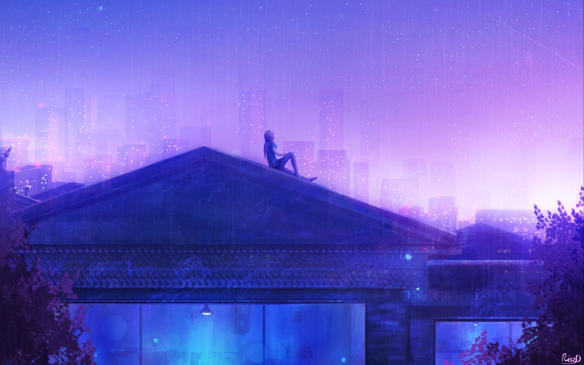 Girl dreams of counting stars on the roof
