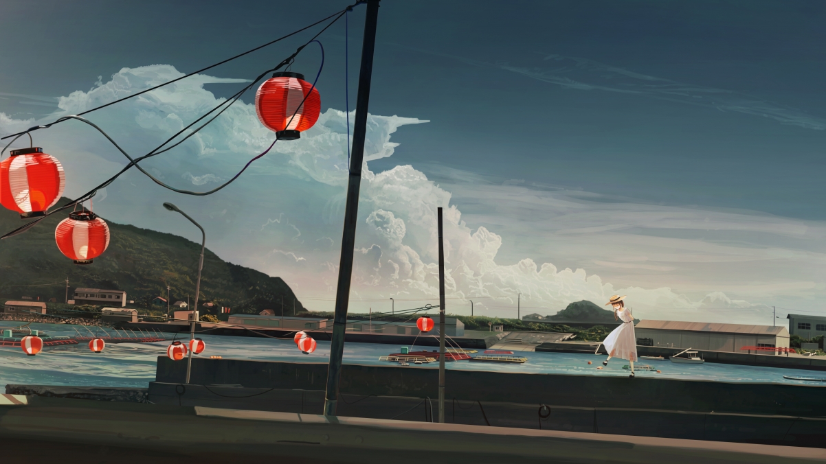 Girl listening to summer dusk illustration