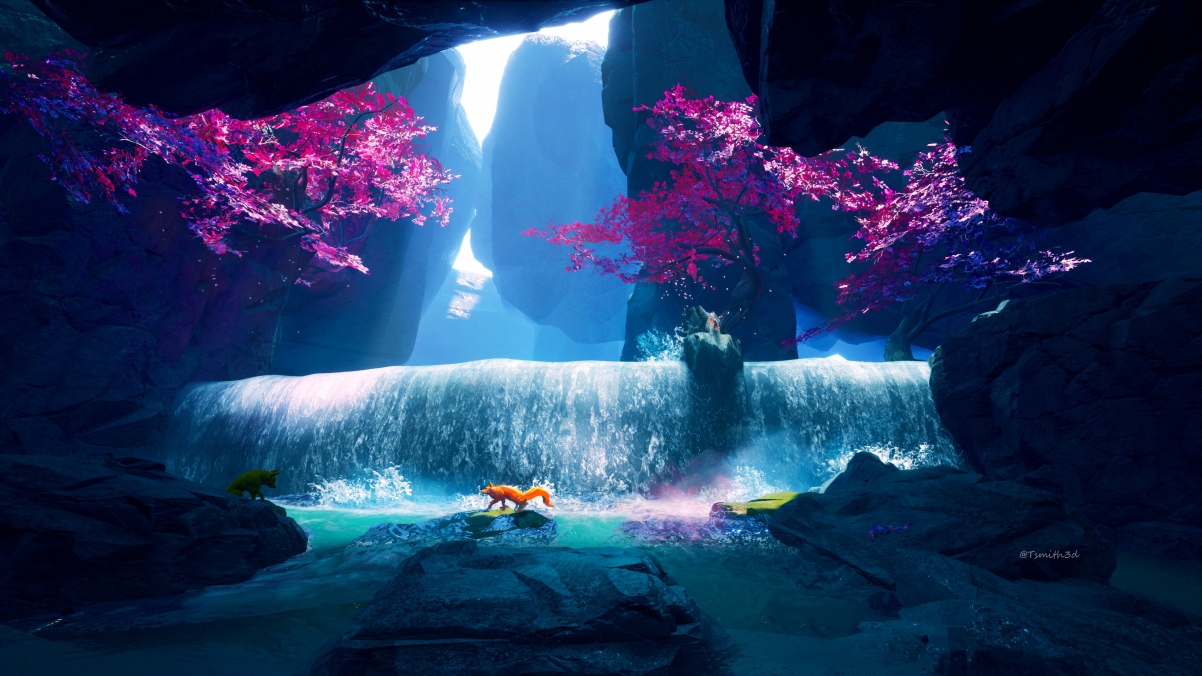 Cave waterfall tree wolf dog 4k wall