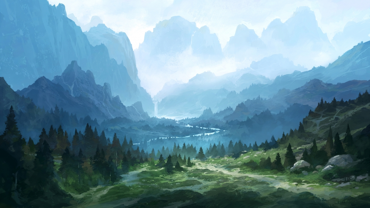 Mountain waterfall path landscape painting 4