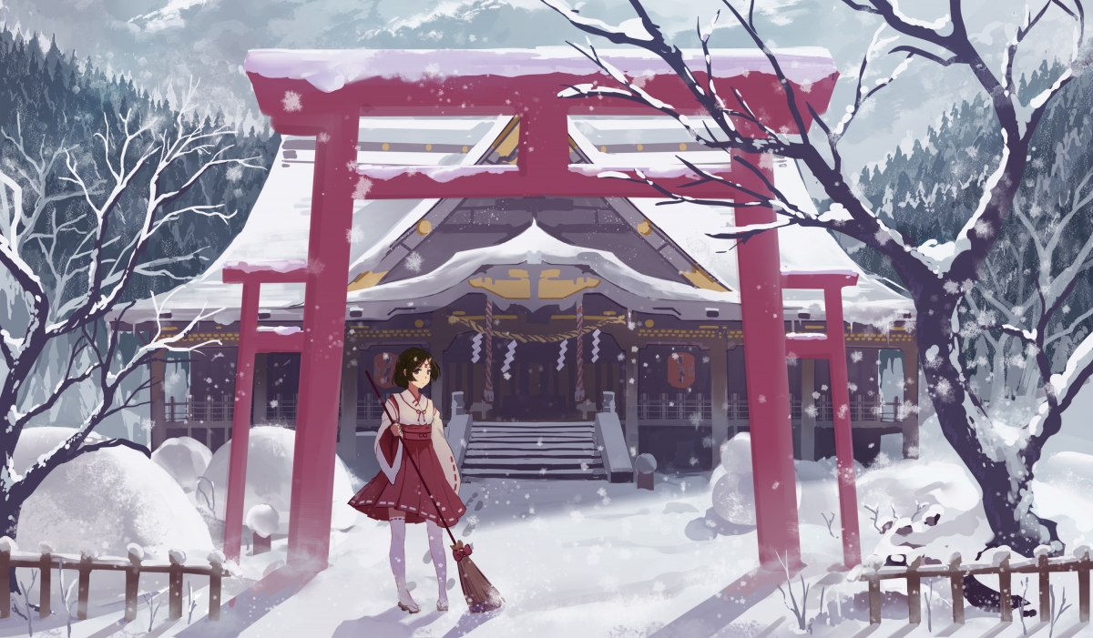 Little girl sweeping snow, snow temple, temple