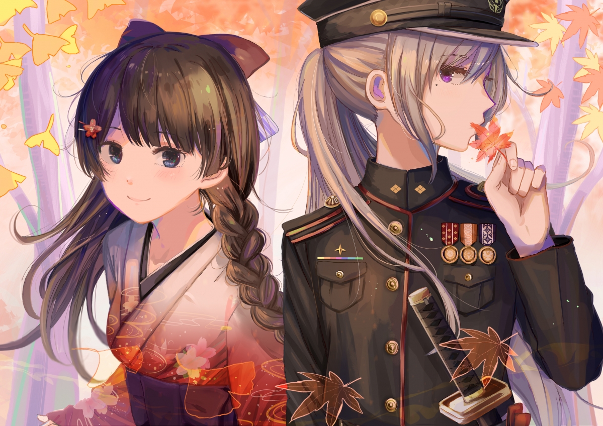 Autumn maple leaf two girls in kimono