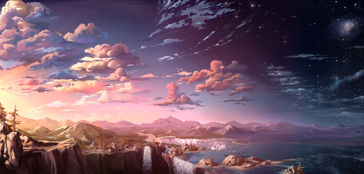 Waterfall sunset beautiful anime scenery 4k