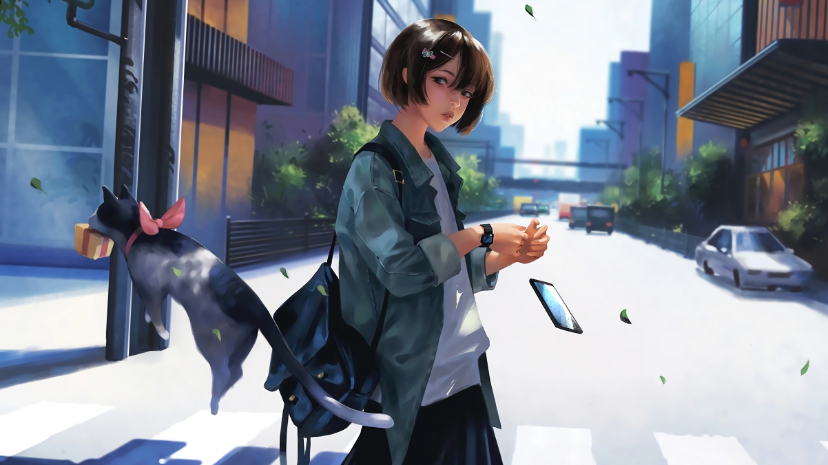 Female student mobile phone cat crosswalk