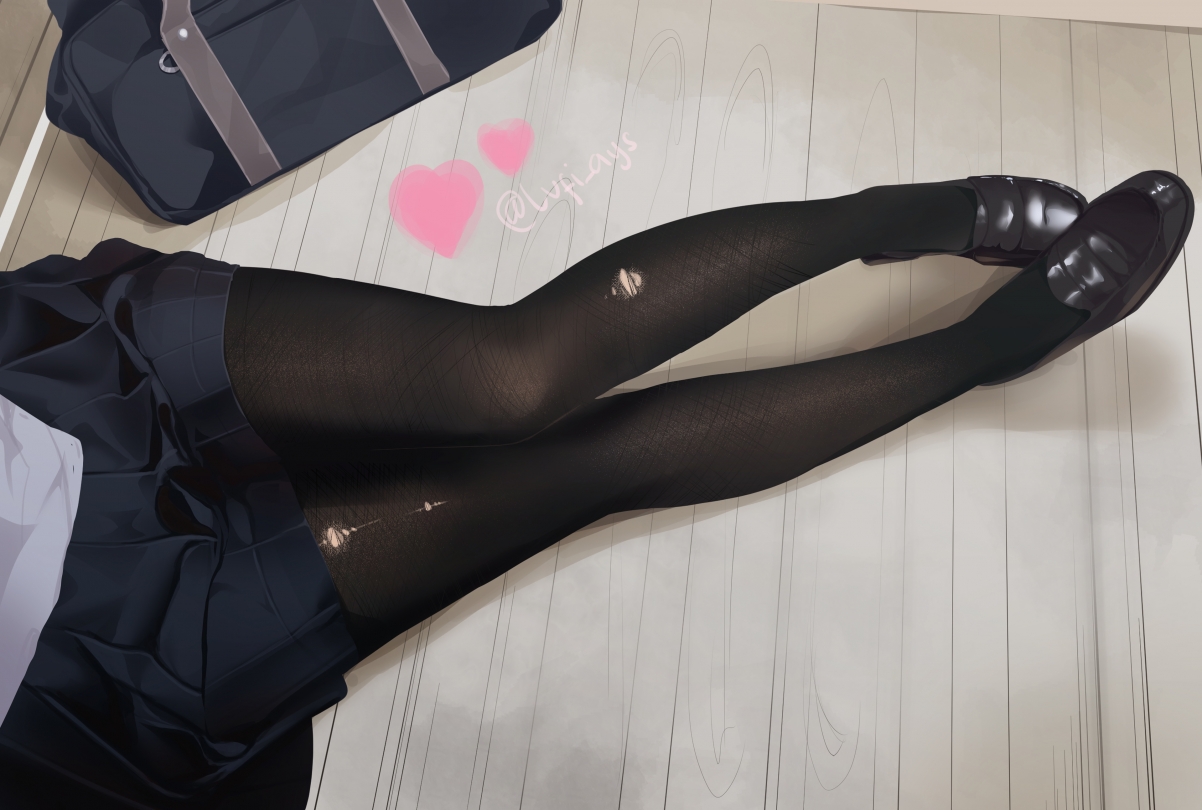 Schoolgirl black pantyhose wooden floor