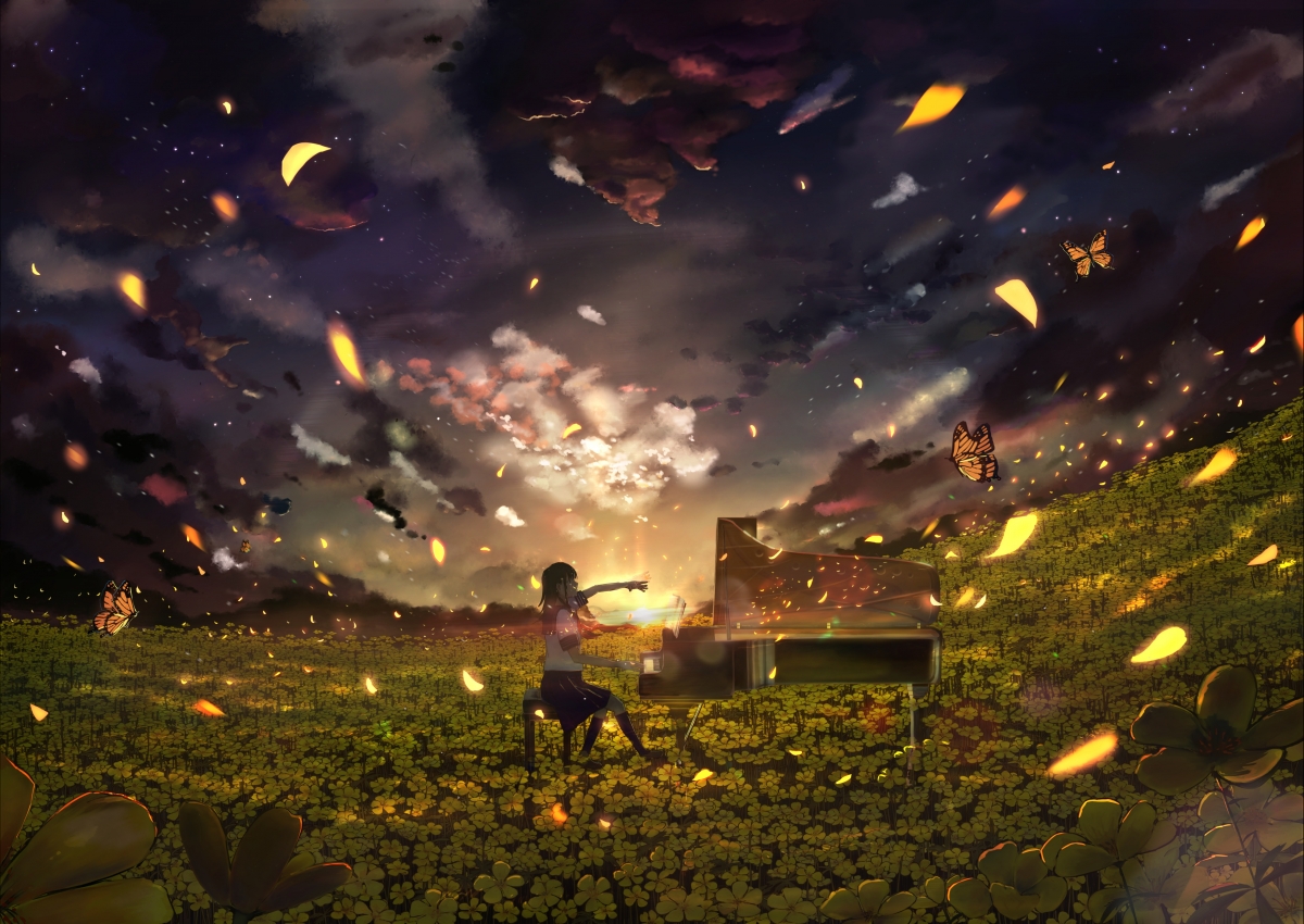 Female student pianist sky petals