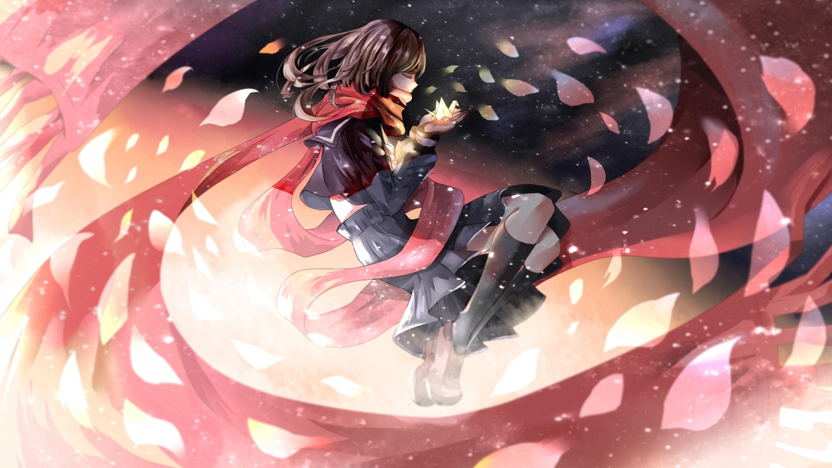 Girl, scarf, petals, 4K anime wall
