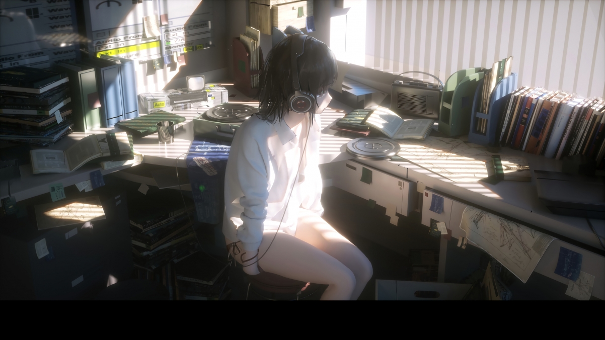 Girl white shirt earphone room