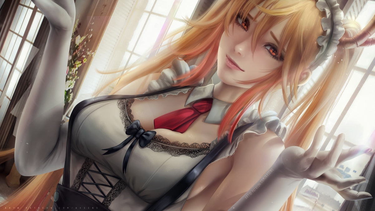 Maid outfit with yellow hair and cute moving