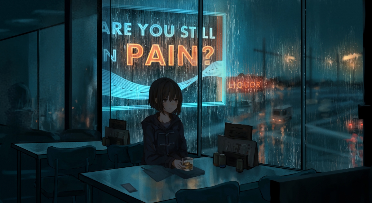 Girl table boiling water rainy day