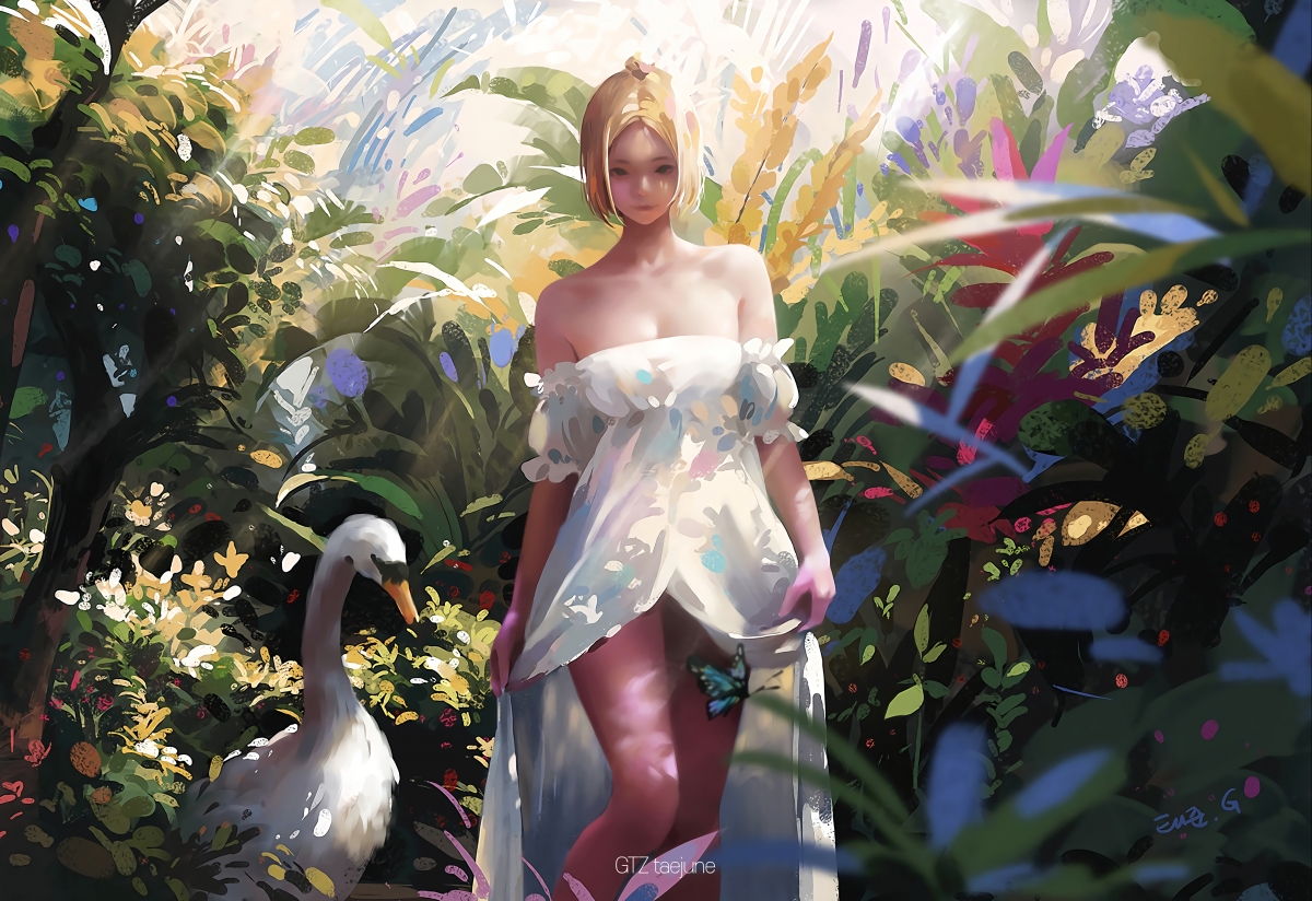 Girl beauty white bird swan