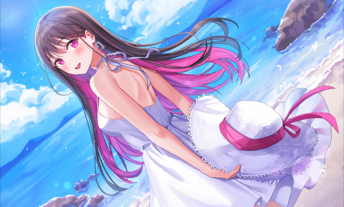 The girl looks back at the long white skirt