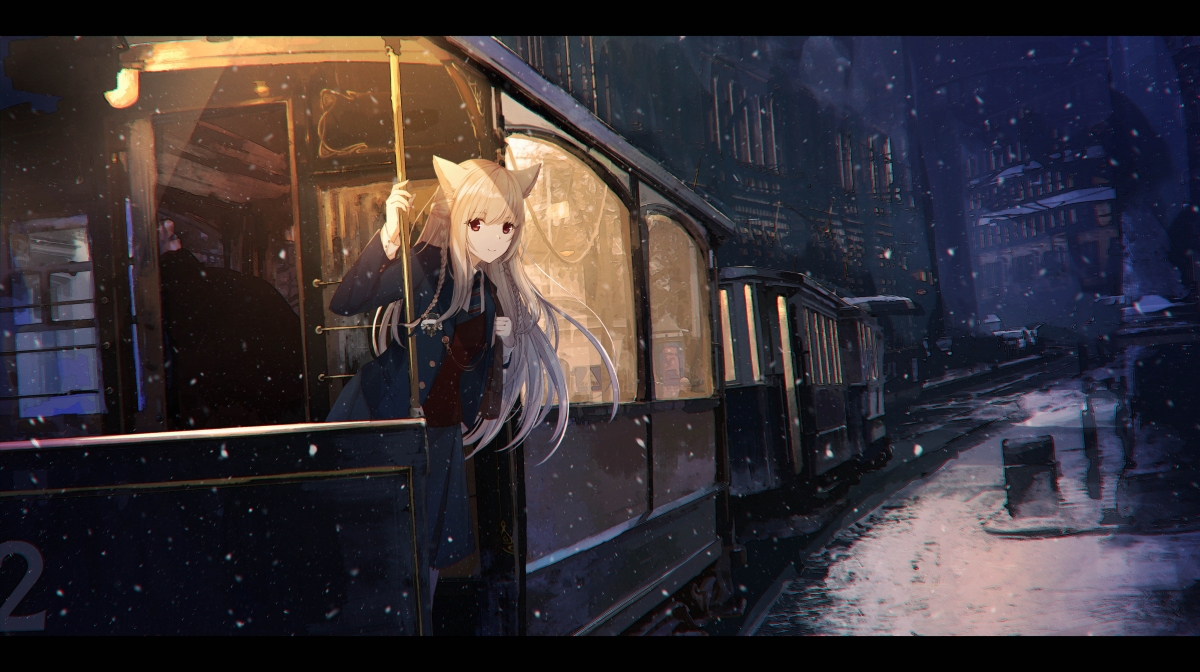 Girl animal ears winter landscape night walk