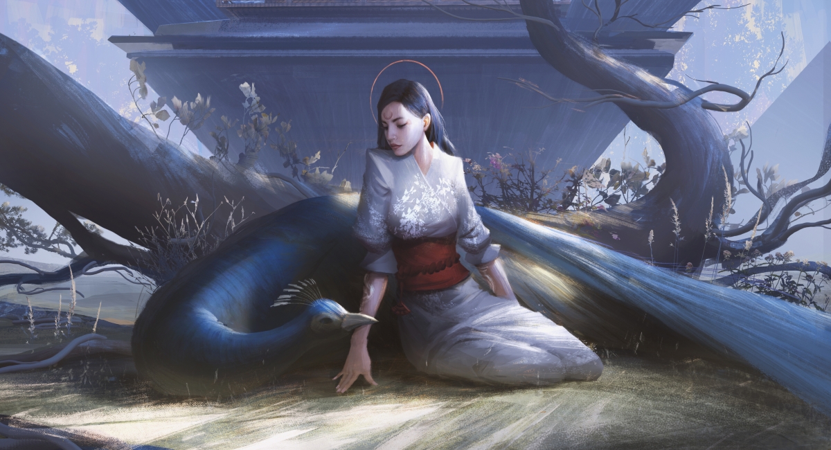 Girl and peacock 4k illustrator wallpaper