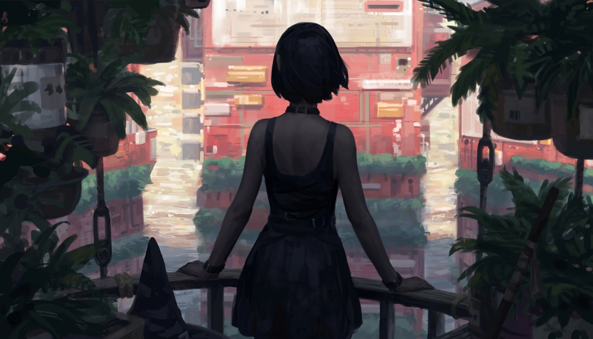 Girl with short hair, black hair, back