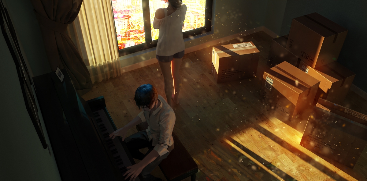 Girl back view boy piano room