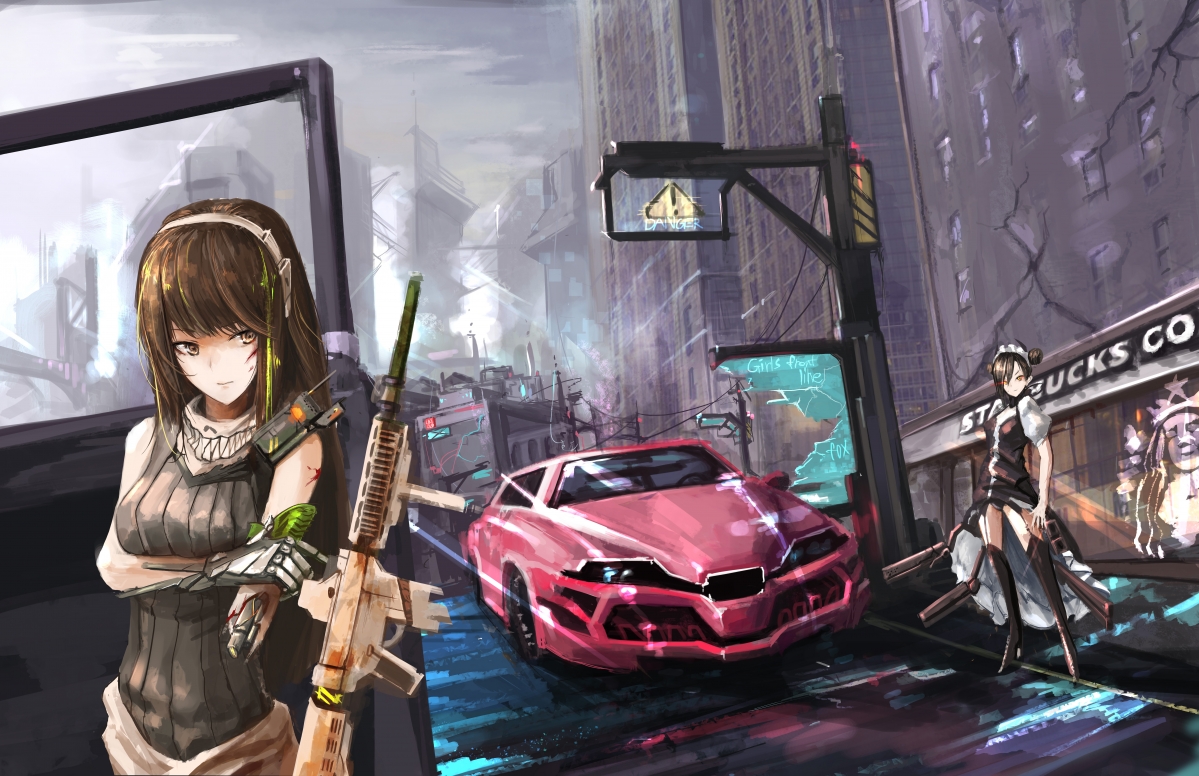 Girl, city, car, 8k anime wall
