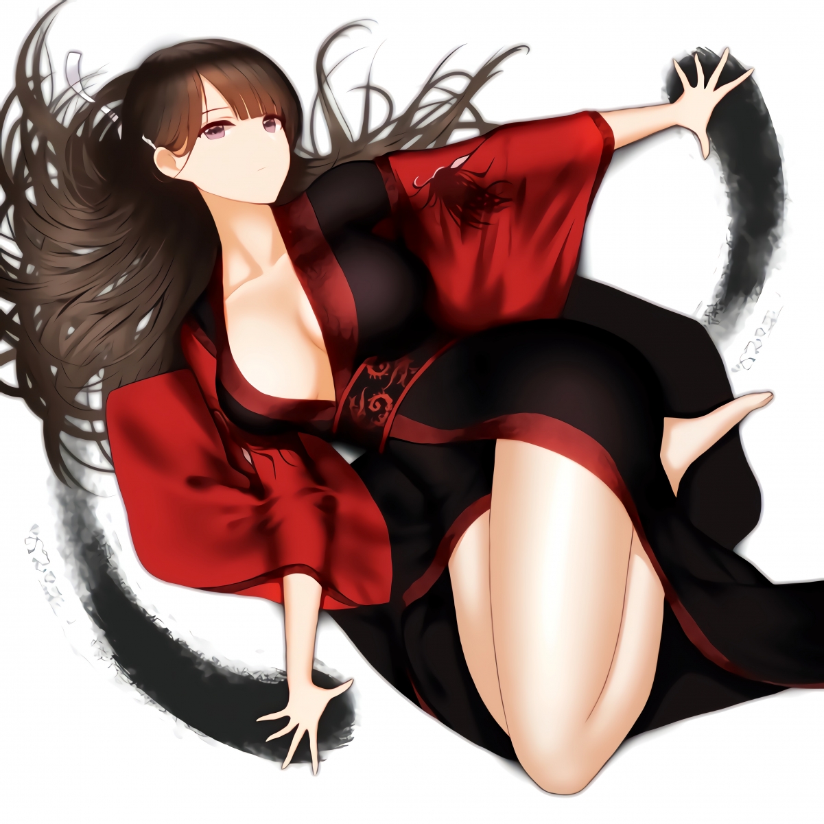 Girl lying on her back with beautiful thighs black and red