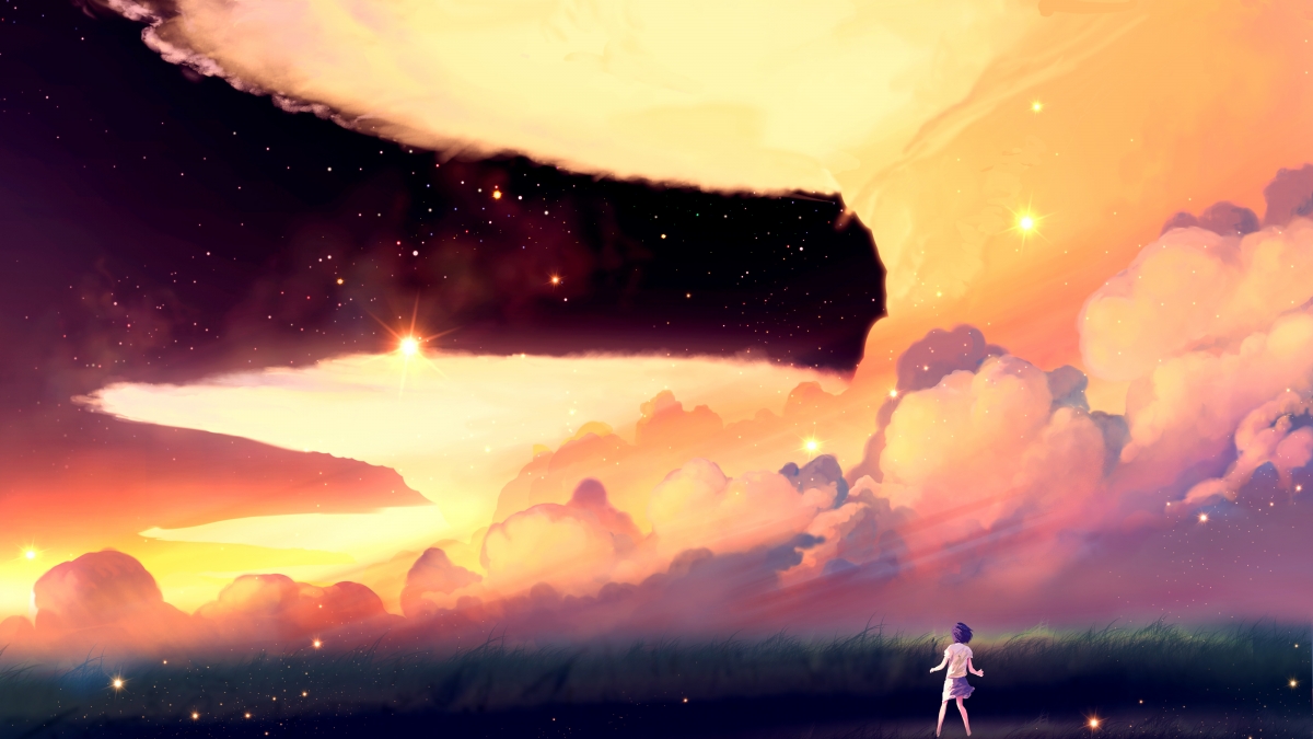 Girl Sky Stars Clouds 4K