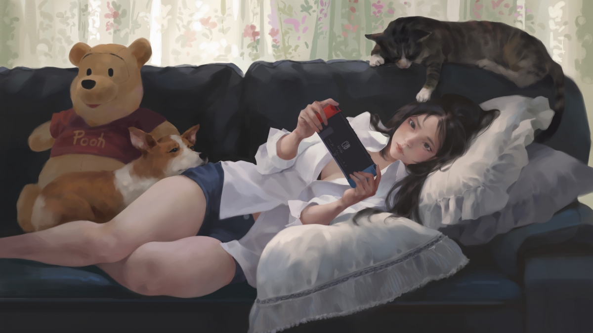 Girl sofa mobile phone cat dog small