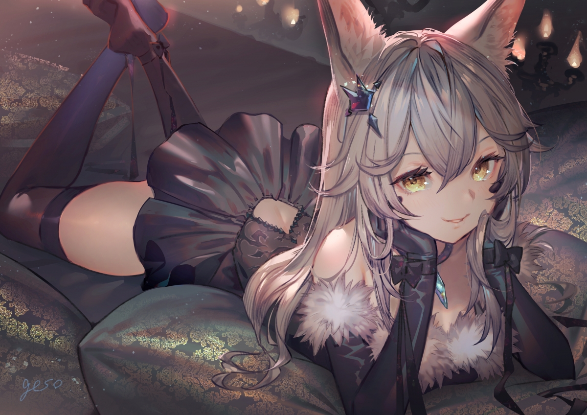 Beautiful girl in black dress with animal ears and cat ears