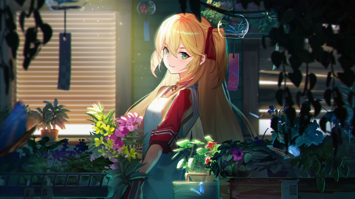 Green eyes anime girl with red ribbon