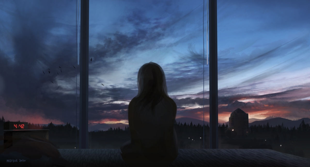 Back view of a girl with scenery at 4 o