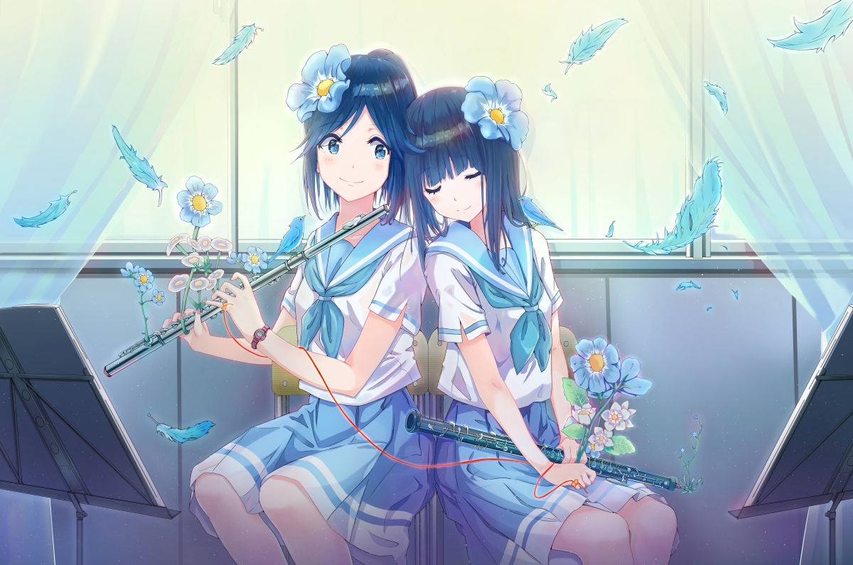 Two girls school uniforms uniforms musical instrument flute