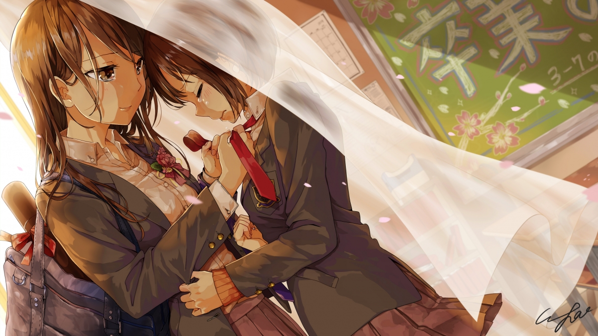 Two schoolgirls tears 4k anime wall