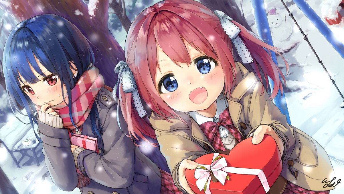 Two cute little girls, snowman, winter