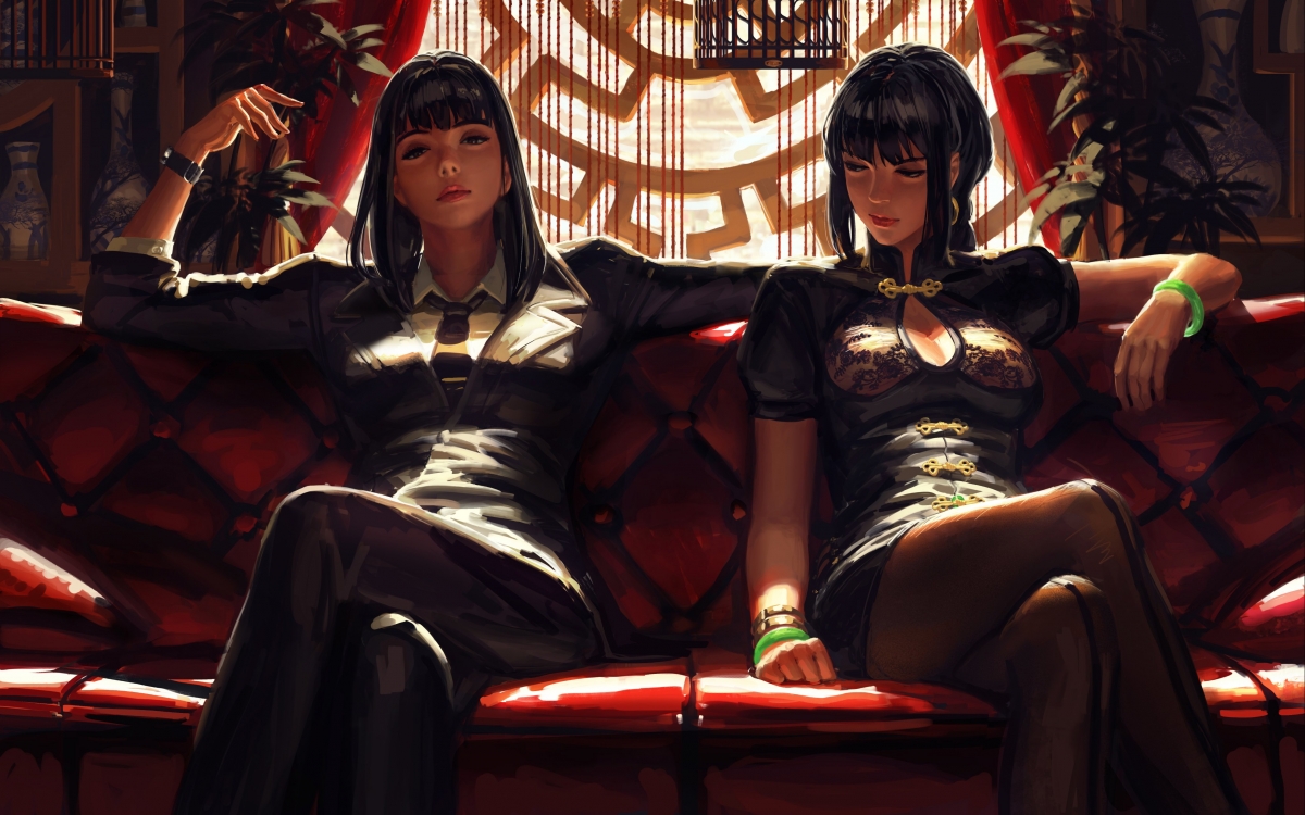 Two anime girls sitting Chinese style